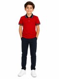 Çocuk Pamuklu Yumuşak Dokulu Lacivert Polo Yaka Kırmızı Okul Tshirt