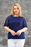Kadın Yuvarlak Yaka Kol Örgü Detaylı Merserize Lacivetr Şık Bluz