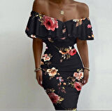 Kadın Madonna Yaka çiçek Baskılı Volan Detay Kalem Elbise