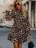Kadın Uzun Kollu Yakadan Bağcıklı Modal Leopar Desenli Mini Elbise