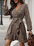 Kadın Uzun Kollu Kruvaze Yakalı Kuşaklı Desenli Kısa Modal Mini Elbise