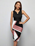 Kadın Kolsuz V Yakalı Geometrik Desenli Midi Dalgıç Elbise