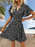 Kadın Kısa Kollu Kolu Ve Eteği Volanlı Fırfırlı çiçek Desenli Mini Elbise