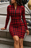 Kadın Uzun Kollu Fermuarlı Ekose Baskılı Dalgıç Elbise