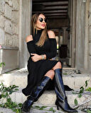 Kadın Balıkçı Yaka Omuzlardan Açık Uzun Kollu Janjan Krep Elbise