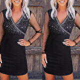 Kadın Uzun Kollu Kruvaze Yaka üst Kısım Taşlı Detay Krep Mini Boy Elbise