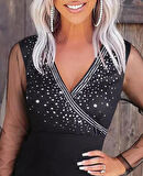 Kadın Uzun Kollu Kruvaze Yaka üst Kısım Taşlı Detay Krep Mini Boy Elbise