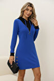 Kadın Uzun Kollu Kapşonlu önden Fermuarlı Düğmeli Mini Iki Iplik Elbise