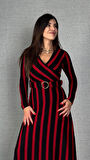 Kadın Uzun Kollu Kruvaze Yaka Kemer Dahil çizgili Triko Elbise