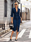 Kadın Uzun Kollu Yakalı önden Düğmeli Midi Kot Elbise