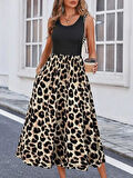 Kadın Askılı Yuvarlak Yaka üst Viskon Alt Leopar Desenli Süprem Uzun Elbise