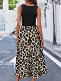 Kadın Askılı Yuvarlak Yaka üst Viskon Alt Leopar Desenli Süprem Uzun Elbise