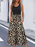 Kadın Askılı Yuvarlak Yaka üst Viskon Alt Leopar Desenli Süprem Uzun Elbise