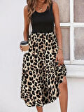 Kadın Askılı Yuvarlak Yaka üst Viskon Alt Leopar Desenli Süprem Uzun Elbise