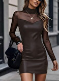 Kadın Uzun Kollu Balıkçı Yaka Tül Detaylı Mini Deri Elbise