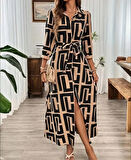 Kadın Uzun Kollu Yakalı önden Düğmeli Uzun Süprem Elbise