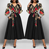 Kadın Uzun Kollu Kruvaze Yaka Dalgıç Krep Midi Boy Elbise