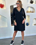 Kadın Uzun Kollu V Yaka Kol Ve Yaka Ribanalı Etek çıtçıt Detay Iki Iplik Elbise