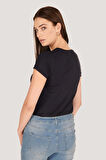P-004954 - Kadın V Yaka Kısa Kollu Örme T-Shirt - KOYU MAVİ