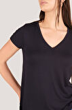 P-004954 - Kadın V Yaka Kısa Kollu Örme T-Shirt - KOYU MAVİ