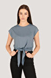 P-004933 - Kadın Basic Önden Bağlamalı Kısa Kollu Örme T-Shirt - GRİ MAVİ