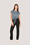 P-004933 - Kadın Basic Önden Bağlamalı Kısa Kollu Örme T-Shirt - GRİ MAVİ