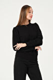 P-004986 - Kadın Omuzu Büzgülü Pamuklu Uzun Kollu Sweatshirt - SİYAH