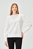 P-004986 - Kadın Omuzu Büzgülü Pamuklu Uzun Kollu Sweatshirt - EKRU