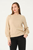 P-004986 - Kadın Omuzu Büzgülü Pamuklu Uzun Kollu Sweatshirt - BEJ