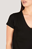 P-004954 - Kadın V Yaka Kısa Kollu Örme T-Shirt - SİYAH