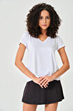 P-004954 - Kadın V Yaka Kısa Kollu Örme T-Shirt - OPTİK BEYAZ