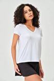 P-004954 - Kadın V Yaka Kısa Kollu Örme T-Shirt - OPTİK BEYAZ