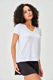 P-004954 - Kadın V Yaka Kısa Kollu Örme T-Shirt - OPTİK BEYAZ