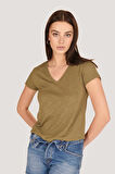 P-004954 - Kadın V Yaka Kısa Kollu Örme T-Shirt - HAKİ YEŞİL