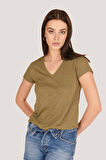 P-004954 - Kadın V Yaka Kısa Kollu Örme T-Shirt - HAKİ YEŞİL
