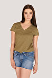 P-004954 - Kadın V Yaka Kısa Kollu Örme T-Shirt - HAKİ YEŞİL
