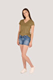 P-004954 - Kadın V Yaka Kısa Kollu Örme T-Shirt - HAKİ YEŞİL