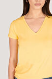 P-004954 - Kadın V Yaka Kısa Kollu Örme T-Shirt - HARDAL