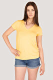 P-004954 - Kadın V Yaka Kısa Kollu Örme T-Shirt - HARDAL