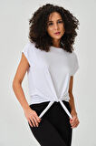 P-004933 - Kadın Basic Önden Bağlamalı Kısa Kollu Örme T-Shirt - OPTİK BEYAZ