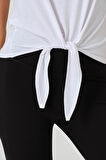P-004933 - Kadın Basic Önden Bağlamalı Kısa Kollu Örme T-Shirt - OPTİK BEYAZ