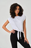 P-004933 - Kadın Basic Önden Bağlamalı Kısa Kollu Örme T-Shirt - OPTİK BEYAZ