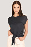P-004933 - Kadın Basic Önden Bağlamalı Kısa Kollu Örme T-Shirt - LACİVERT