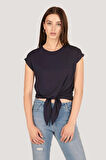 P-004933 - Kadın Basic Önden Bağlamalı Kısa Kollu Örme T-Shirt - KOYU LACİVERT