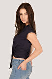 P-004933 - Kadın Basic Önden Bağlamalı Kısa Kollu Örme T-Shirt - KOYU LACİVERT
