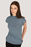 P-004932 - Kadın Kısa Kollu Yüksek Yaka Örme T-Shirt - GRİ MAVİ