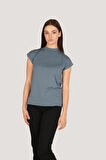 P-004932 - Kadın Kısa Kollu Yüksek Yaka Örme T-Shirt - GRİ MAVİ