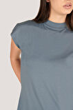 P-004932 - Kadın Kısa Kollu Yüksek Yaka Örme T-Shirt - GRİ MAVİ