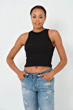 P-004925 - Kadın Fitilli Crop Örme Atlet - SİYAH