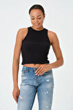 P-004925 - Kadın Fitilli Crop Örme Atlet - SİYAH